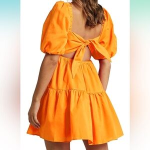 OWNGIGI Orange Square Neck Puff Sleeve Dress Size Large